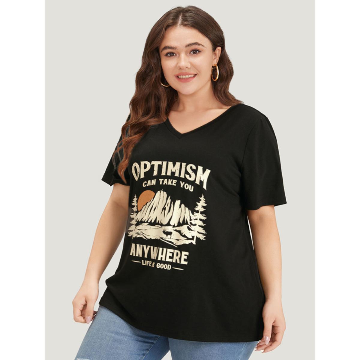 Plus Size Landscape & Letter Print V Neck T-shirt Black Women Casual Printed Landscape Dailywear T-shirts BloomChic 30/6X Product Image