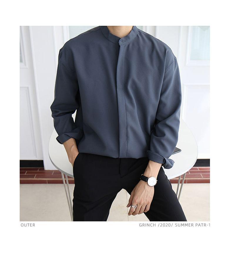 Long Sleeve Band Collar Plain Button Shirt Product Image