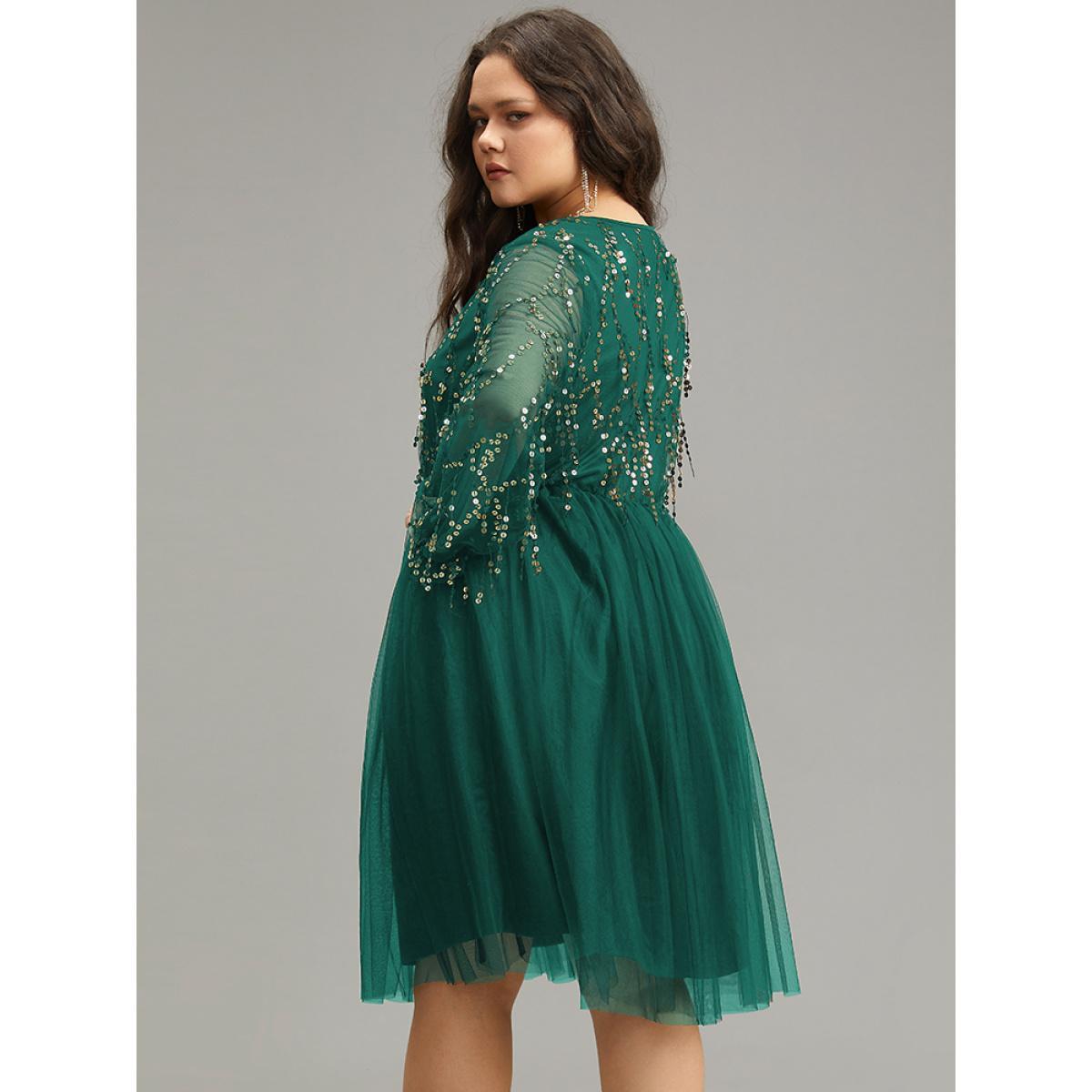 Plus Size Sequin Mesh Patchwork Tassel Dress Emerald Women Party&Cocktail Gathered Overlap Collar Long Sleeve Curvy Knee Dress BloomChic 14-16/1X Product Image