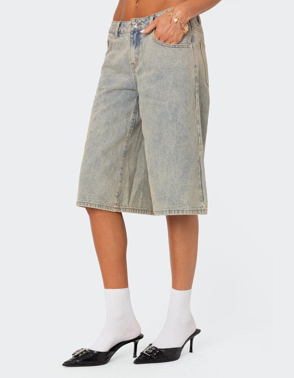 EDIKTED Xtra Long Acid Wash Denim Bermuda Shorts Product Image