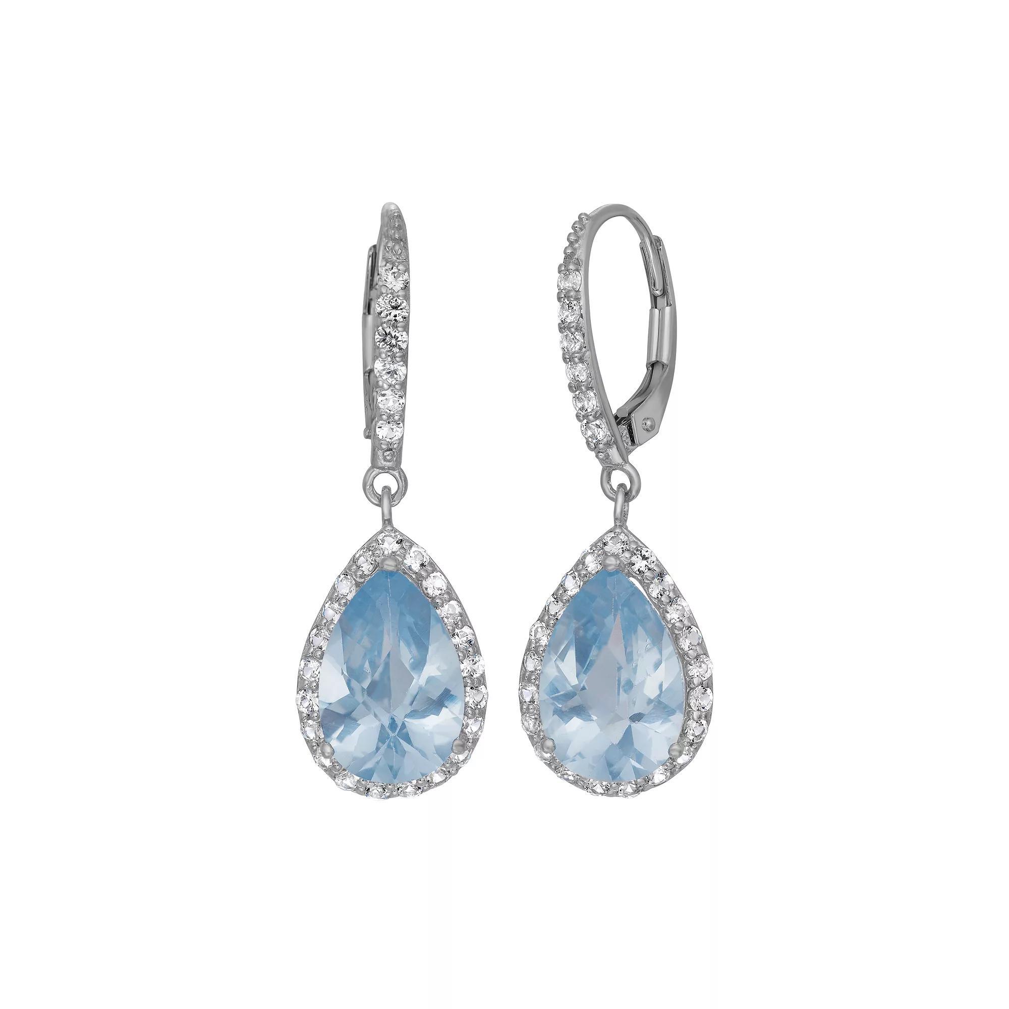 Lab-Created Aquamarine and Lab-Created White Sapphire Sterling Silver Halo Teardrop Earrings, Women's, Multi Product Image
