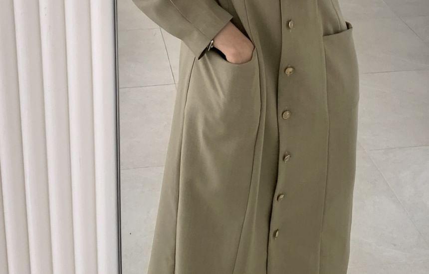 Long-Sleeve Button-Up Plain Midi A-Line Dress Product Image