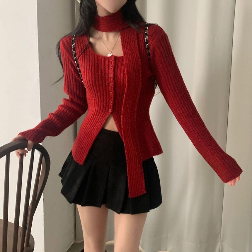 Long Sleeve Square Neck Ribbed Knit Cardigan with Scarf Product Image