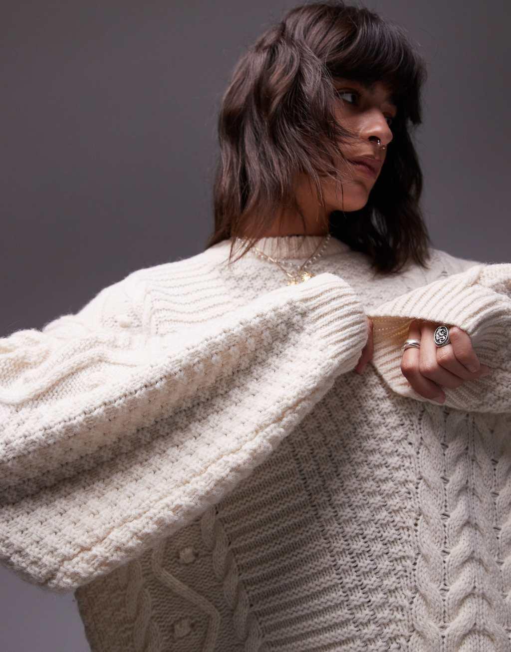 Topshop knitted premium 100% wool oversized cable sweater in ivory Product Image