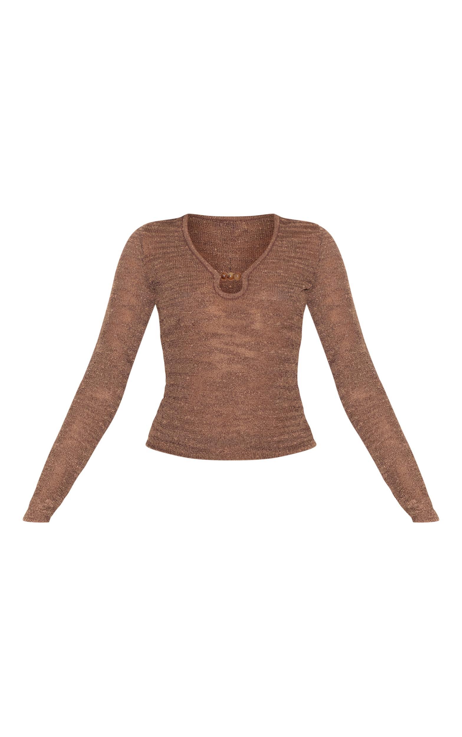 Chocolate Sheer Bobble Crochet Long Sleeve Beaded Keyhole Cut Out Top Product Image