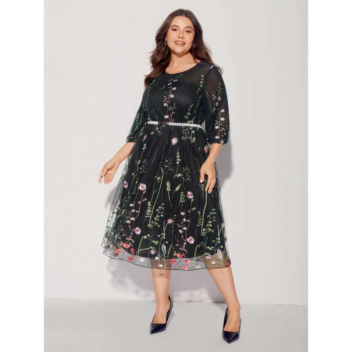 Plus Size Floral Embroidered Elastic Waist Lined Midi Dress Black Women Formal Texture Party Curvy Bloomchic 10/M Product Image