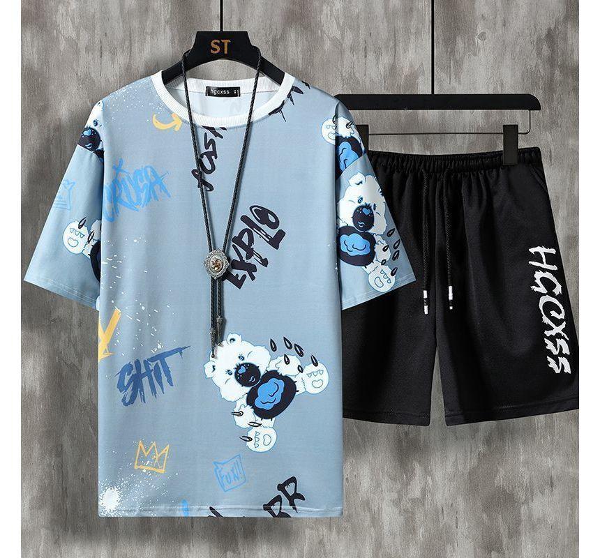 Set: Short-Sleeve Crew Neck Lettering T-Shirt + Drawstring Waist Shorts Product Image