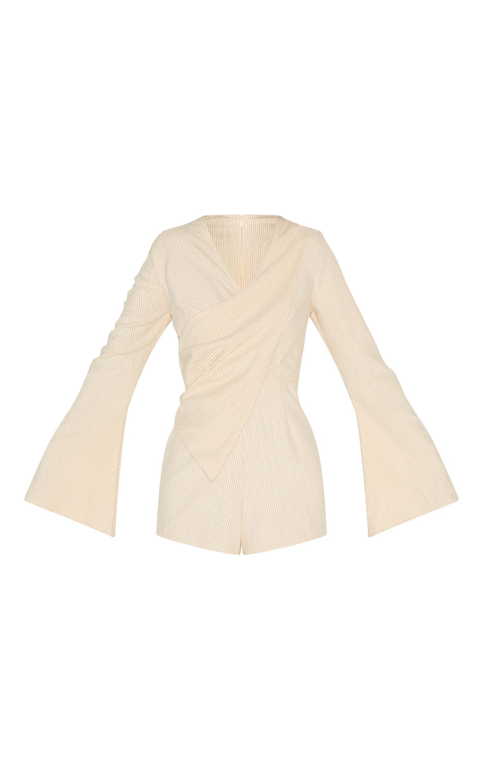  Cream Pinstripe Peachskin Wrap Front Long Sleeve Romper Product Image