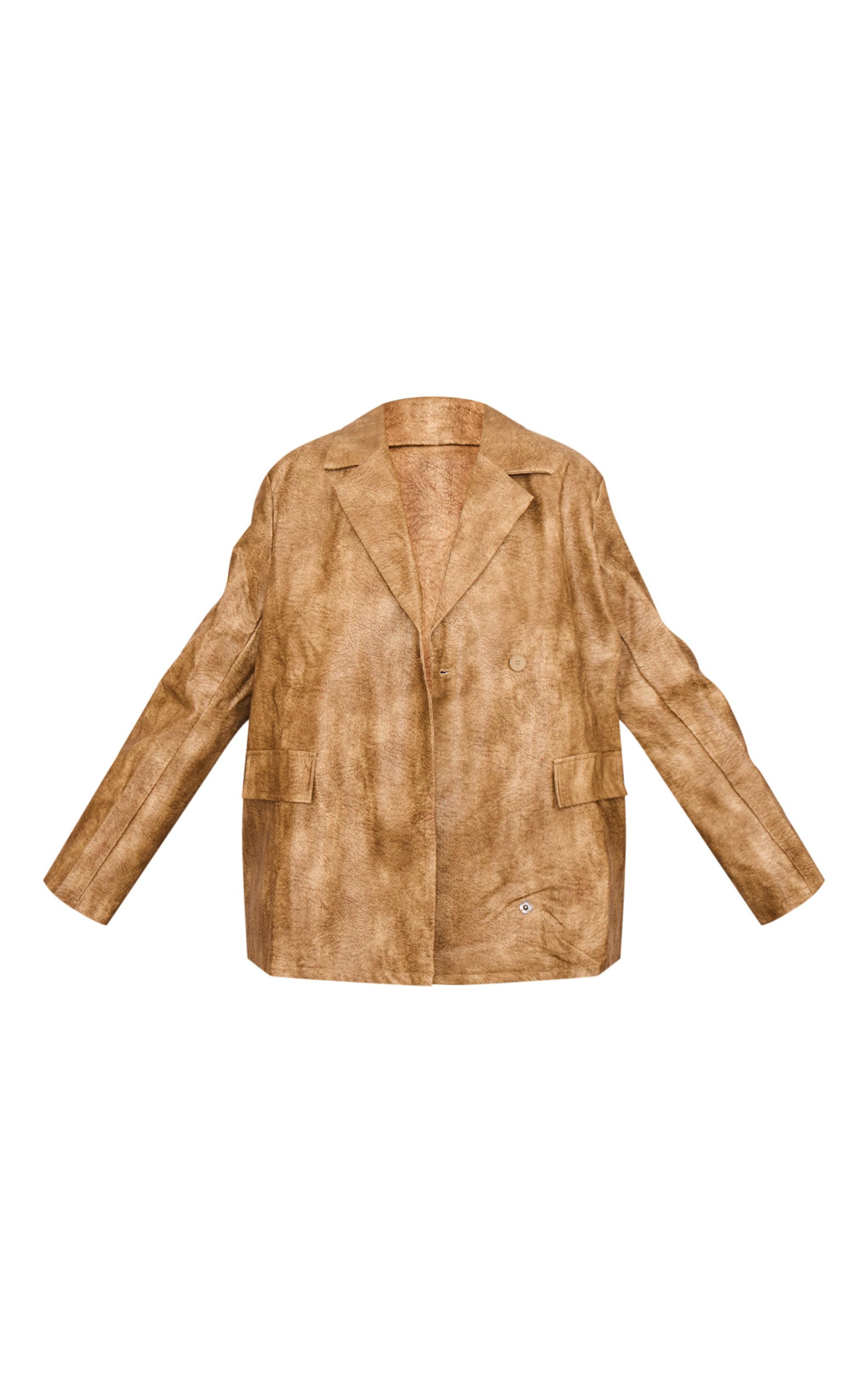 Plus Brown Distressed PU Oversized Shoulder Pad Blazer Product Image