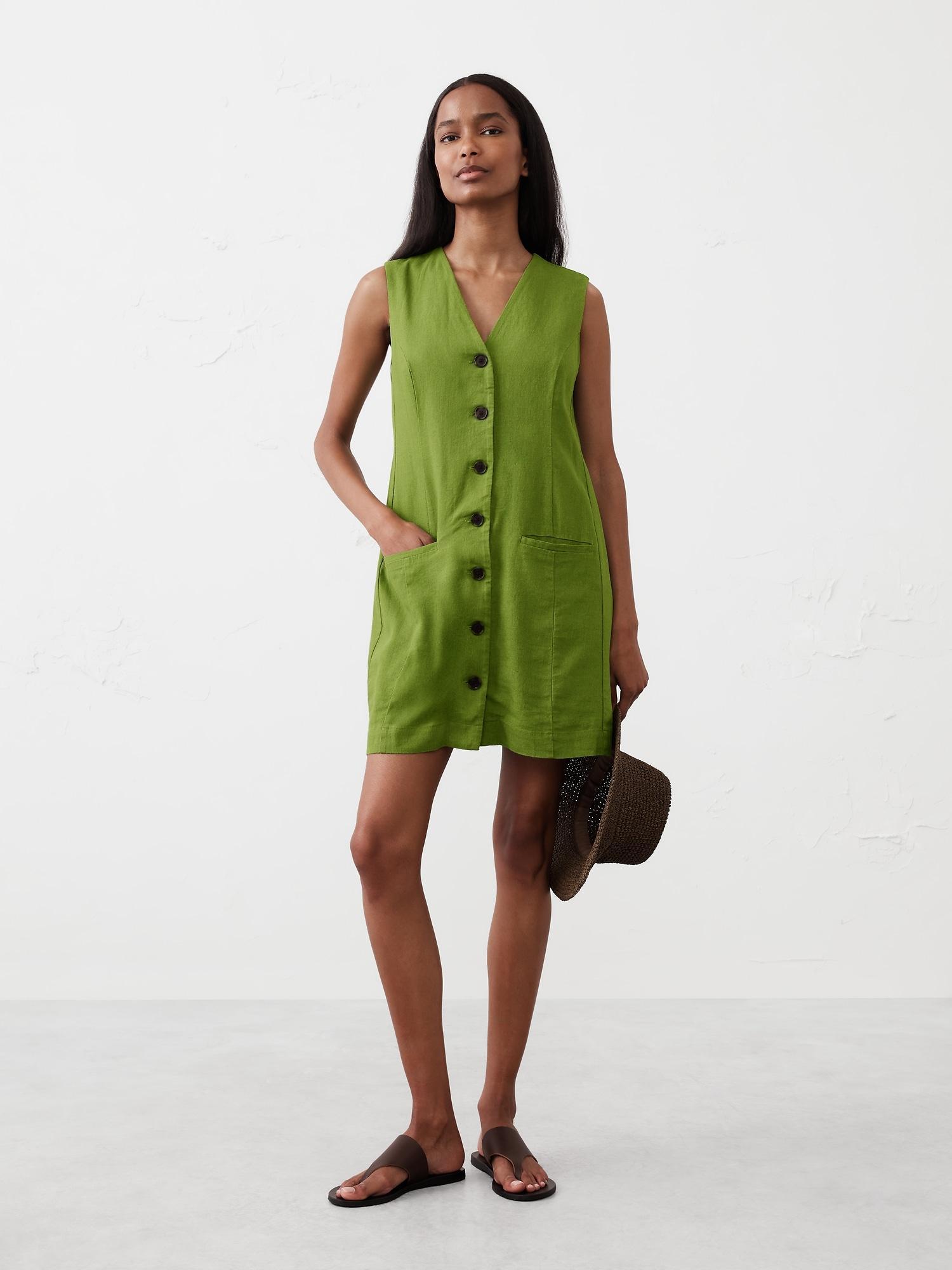 Linen-Blend Button-Front Mini Dress Product Image