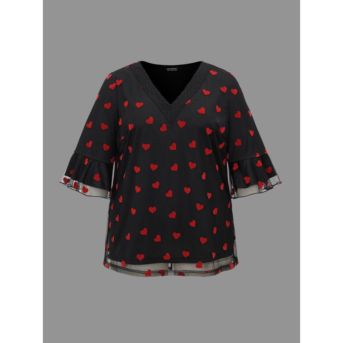 Plus Size Black V-Neck Hearts Mesh Lace Detailing Blouse Women Elegant Elbow-length sleeve V-neck Everyday Blouses BloomChic 14-16/1X Product Image