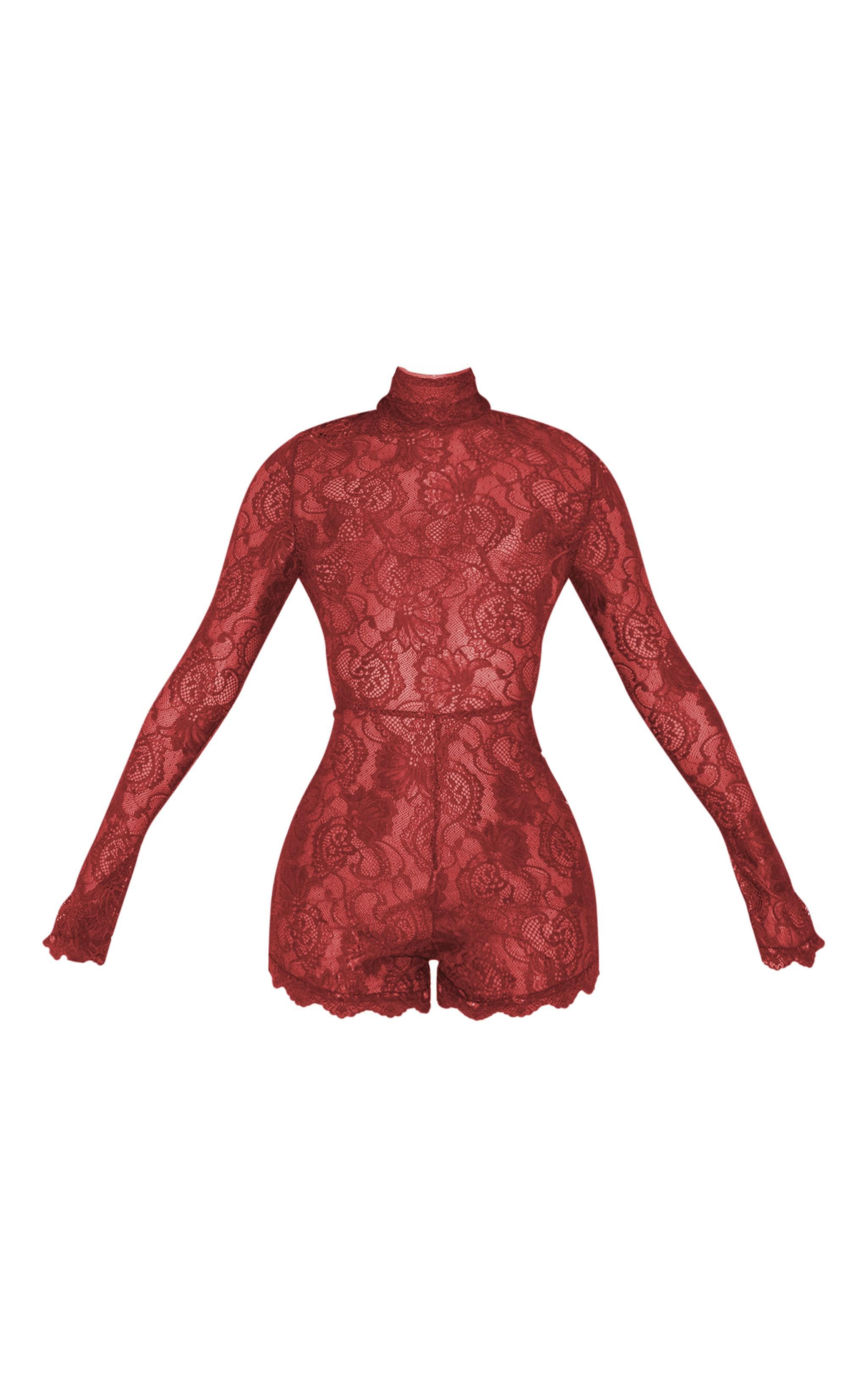 Petite Burgundy Lace Long Sleeve Fitted Romper Product Image