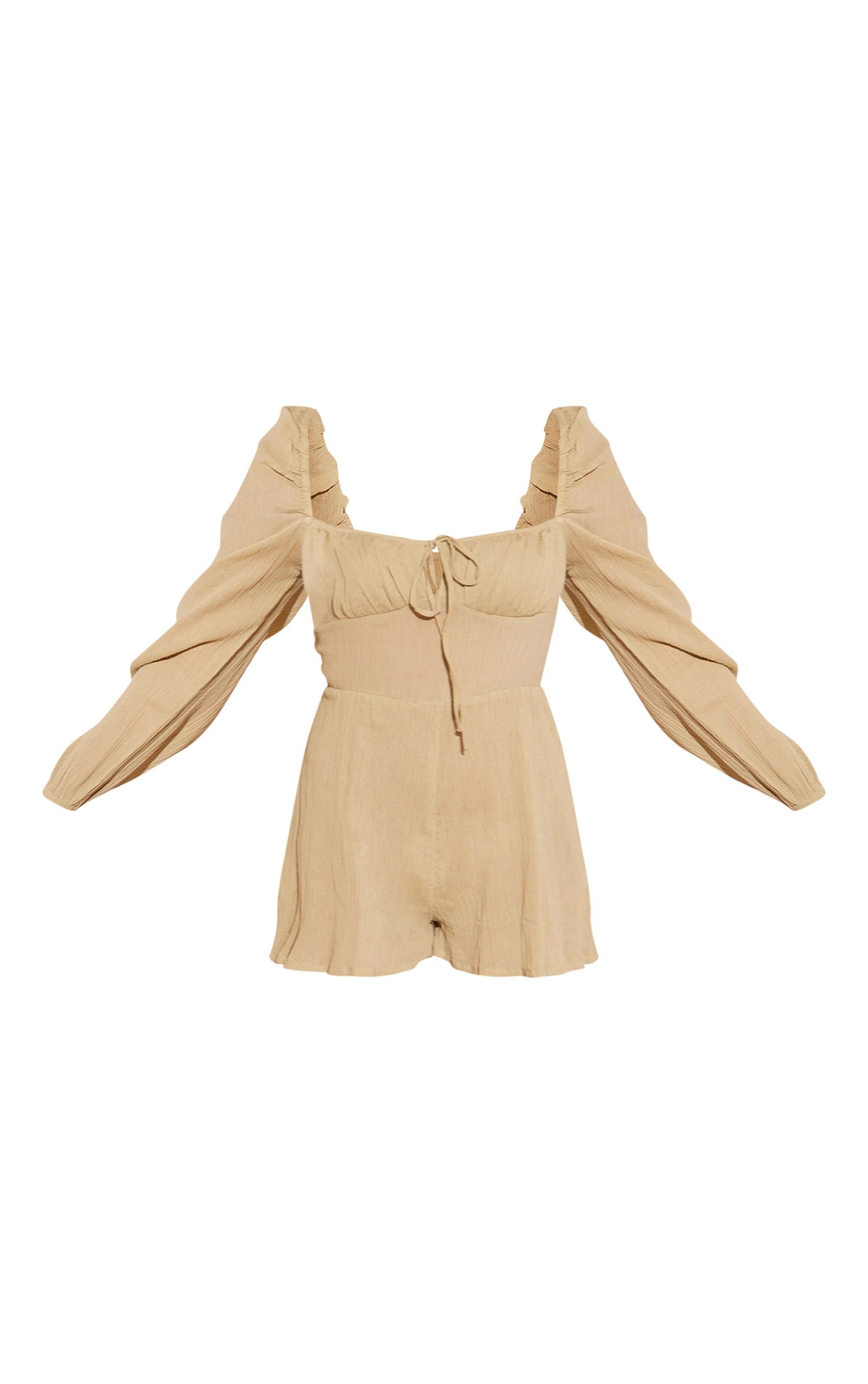 Khaki Tie Front Textured Romper Product Image