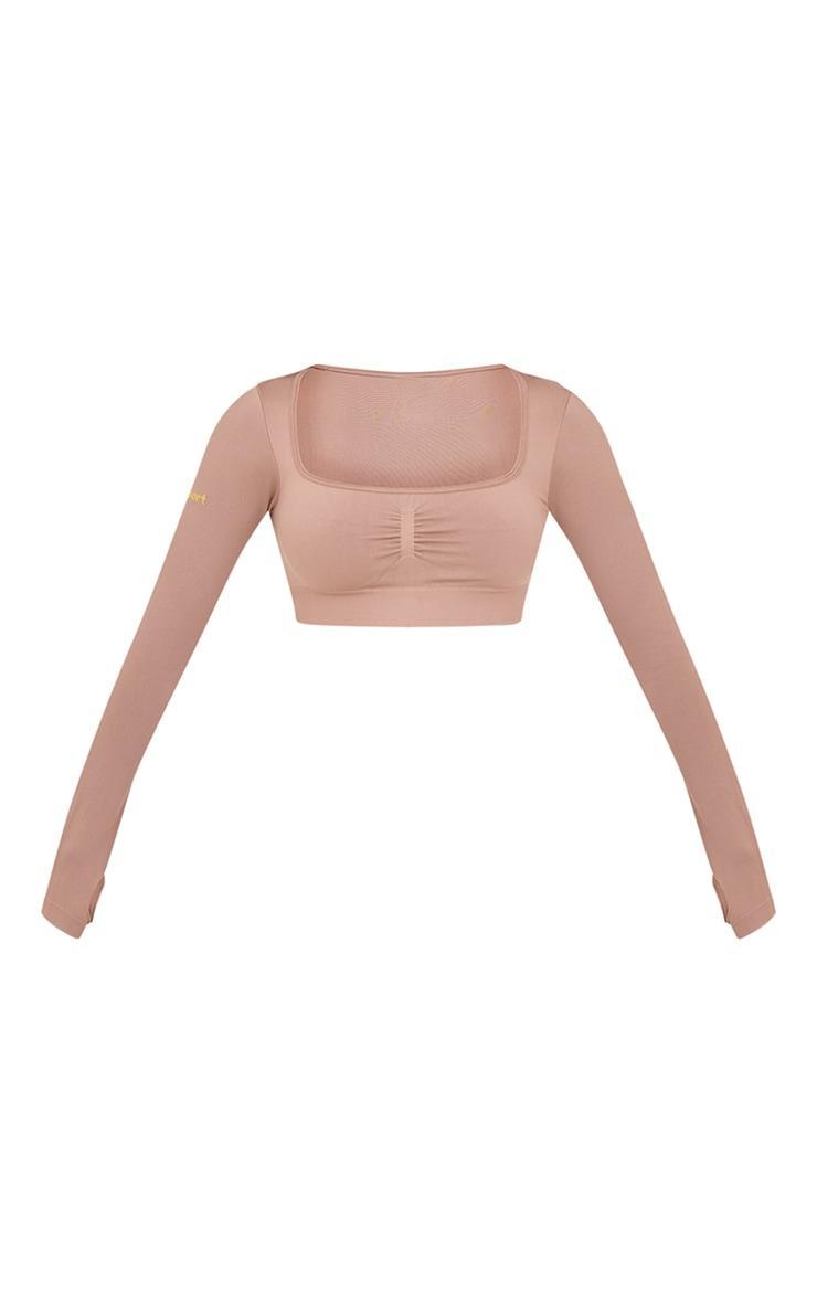 PLT SPORT Light Mocha Seamless Contrast Branding Square Neck Top Product Image