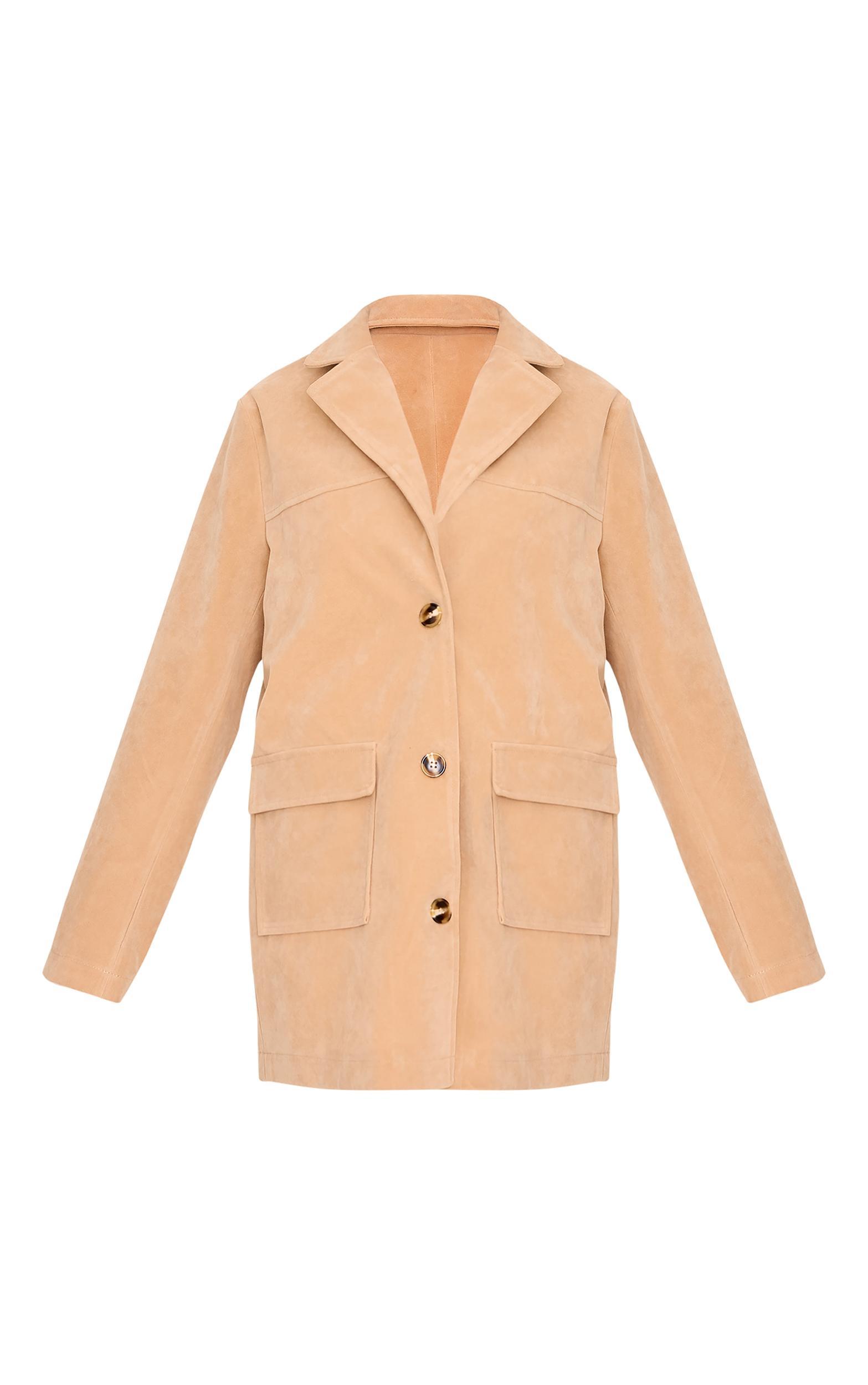 Beige Oversized Longline Faux Suede Blazer Coat Product Image