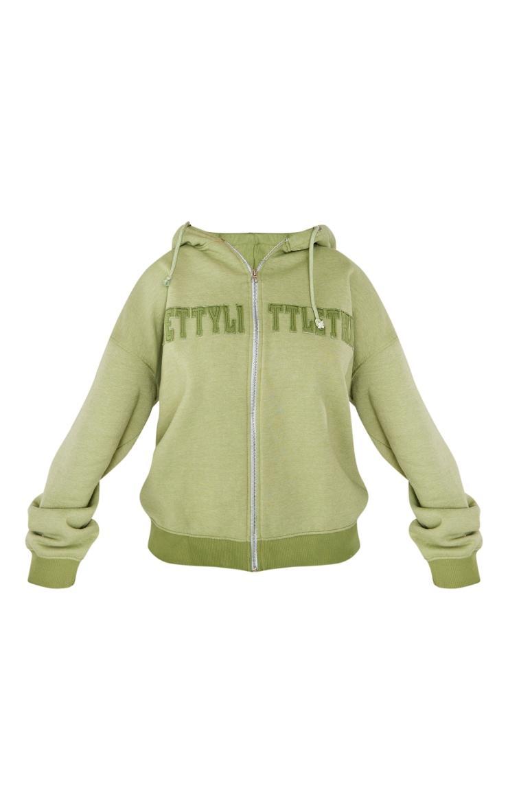 PRETTYLITTLETHING Shape Khaki Embroidery Washed Zip Through Hoodie Product Image