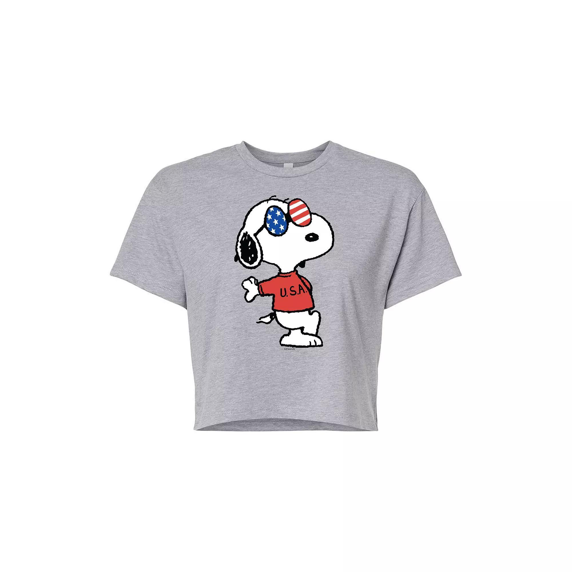 Juniors' Peanuts USA Snoopy Cropped Tee, Girl's, Size: Large, Grey Product Image