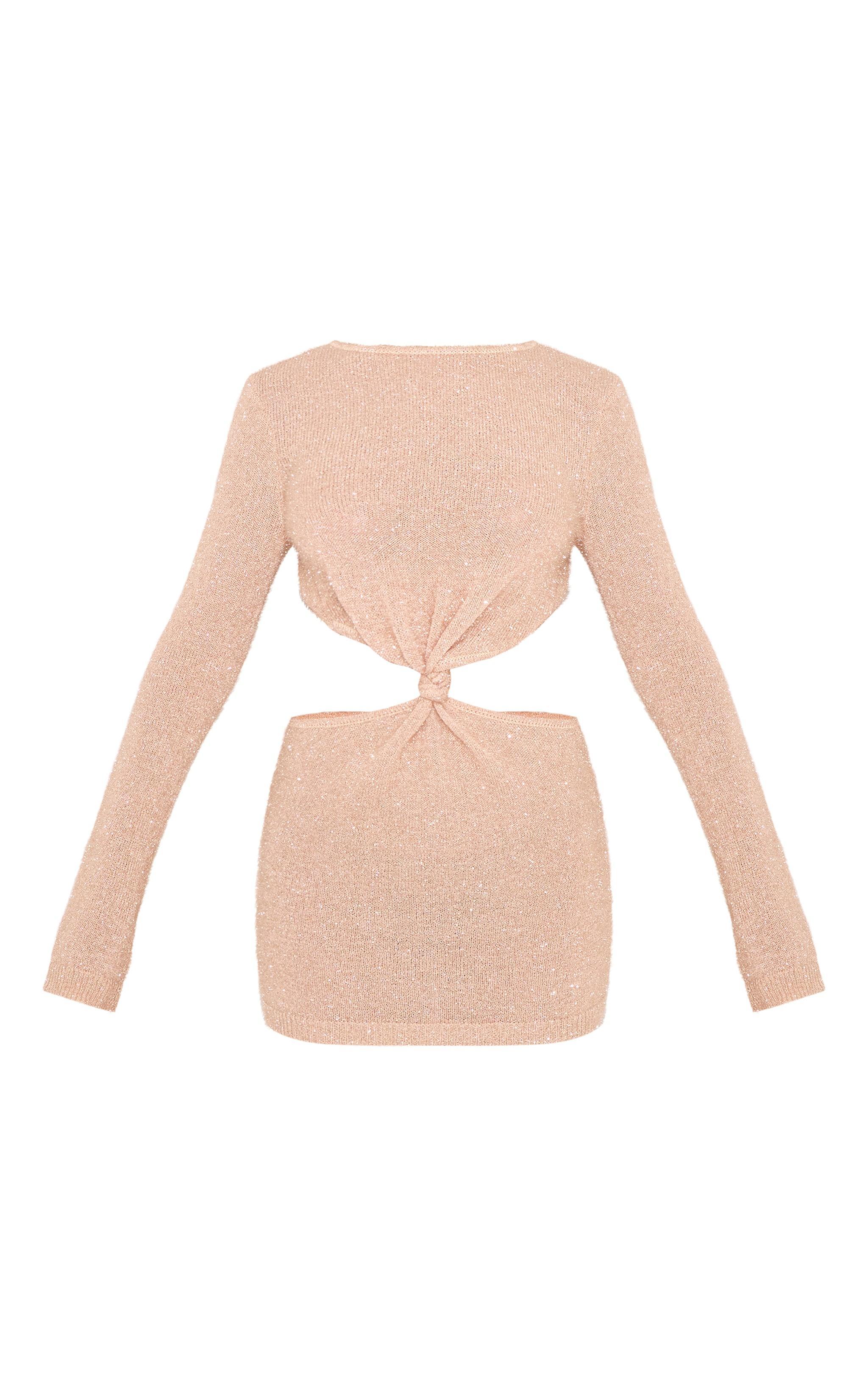 Champagne Tinsel Knit Twist Front Open Back Mini Dress Product Image