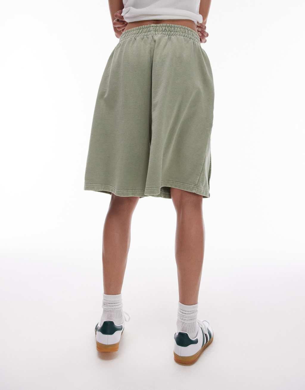 Topshop acid wash longline shorts in sage Product Image