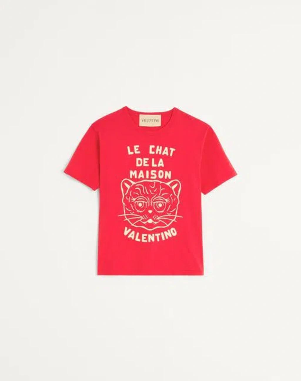 VALENTINO Graphic Print House Cat Crew Neck T-shirt In Red Product Image