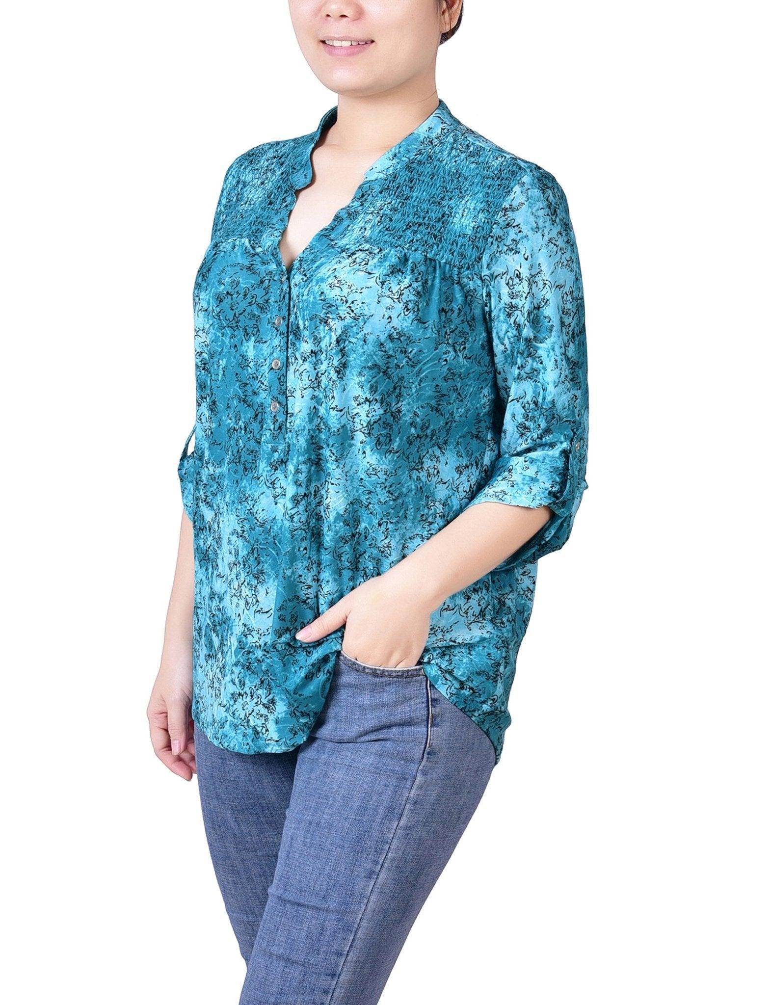 Etch Green 3/4 Roll Tab Sleeve Smocked-Yoke Top - Petite Product Image