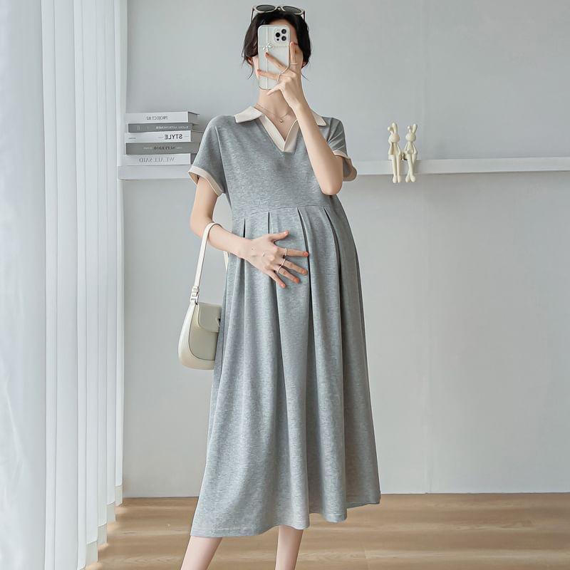 Maternity Short-Sleeve Collar Contrast Trim Midi A-Line Dress Product Image