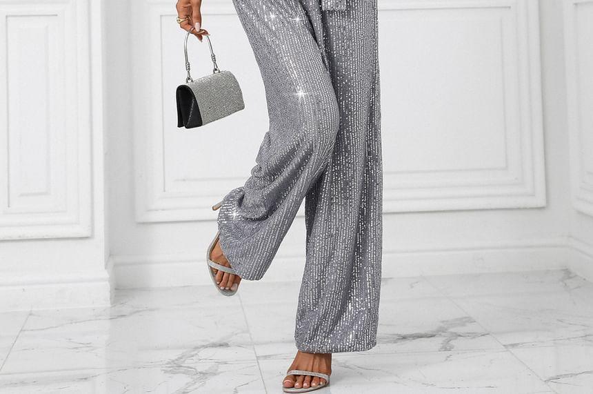 Spaghetti Strap V-Neck Sequin Tie Waist Wide Leg Jumpsuit Product Image