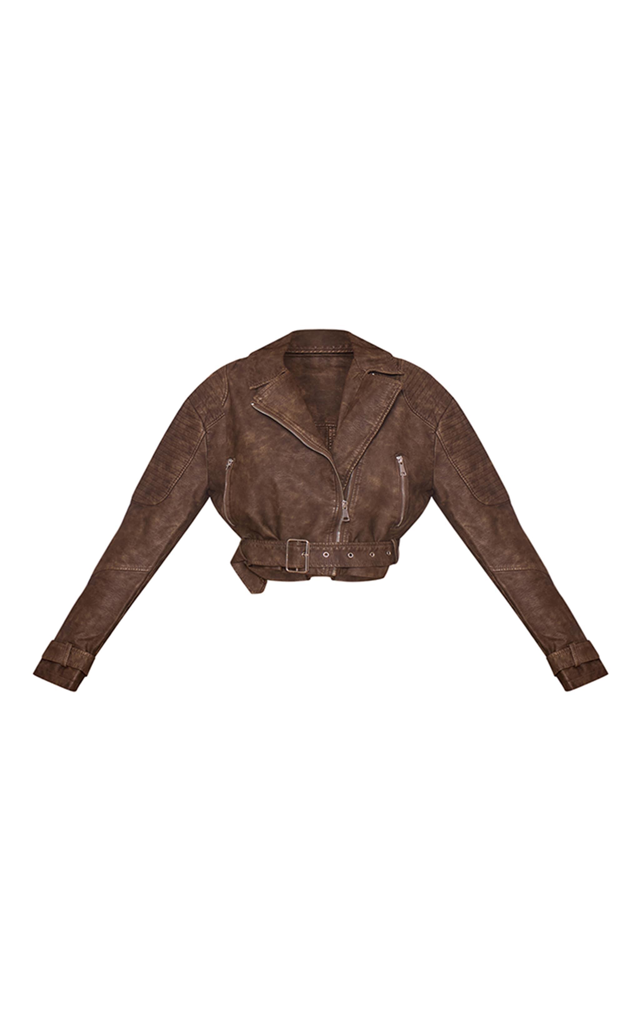 Brown Textured Faux Leather Quilted Detail Cropped Biker Jacket Product Image