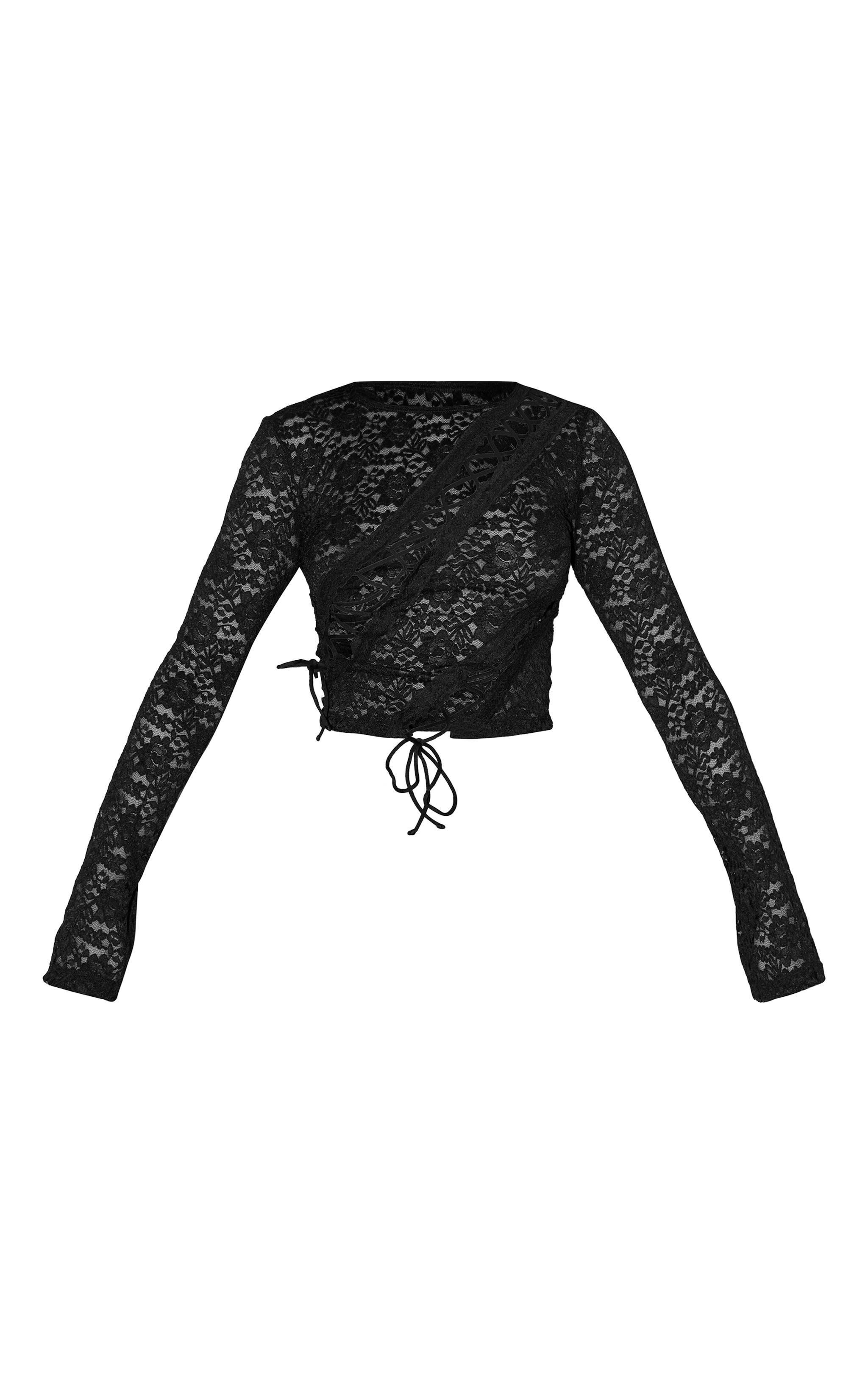 Black Lace Tie Up Long Sleeve Long Top Product Image