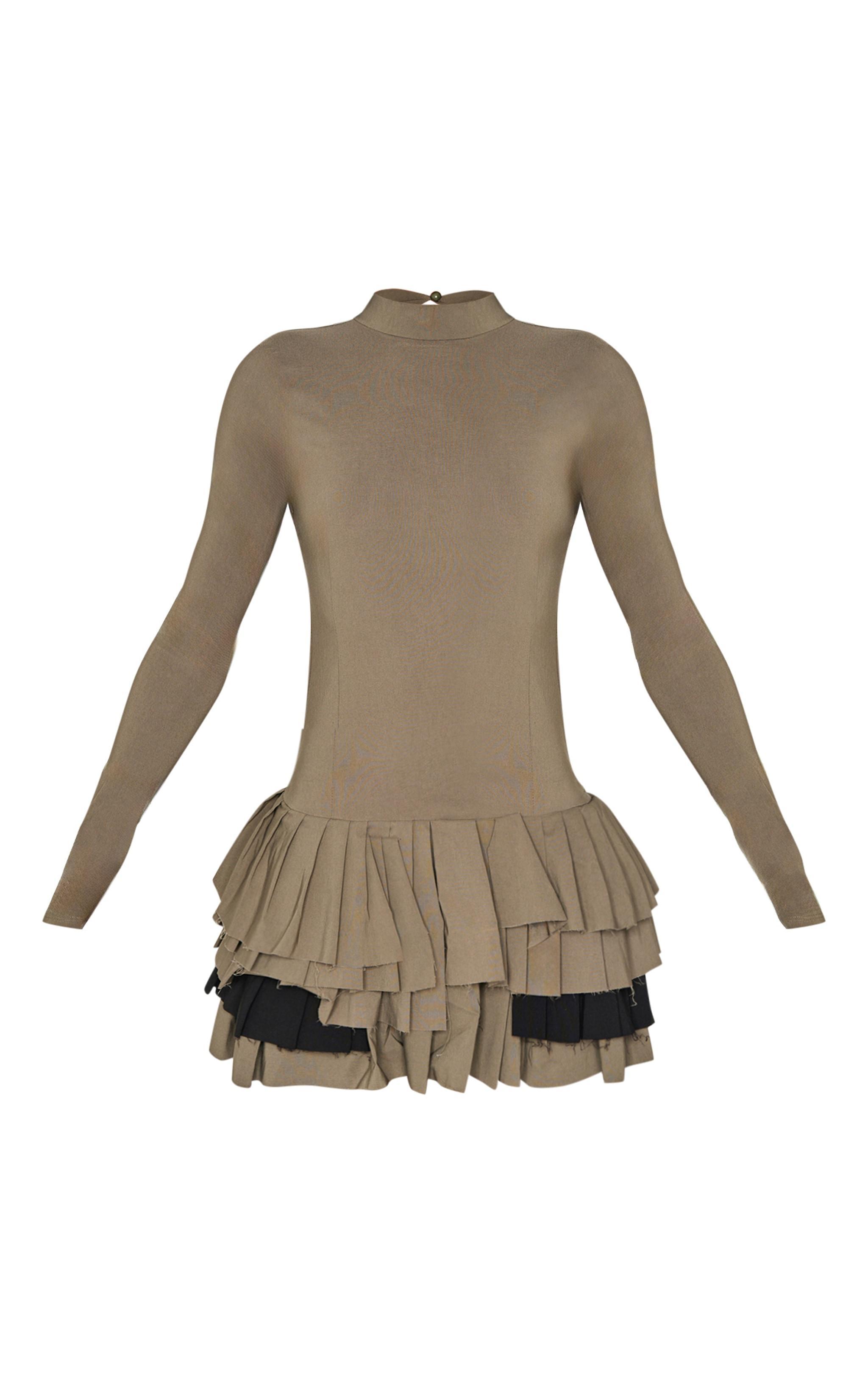 Khaki Stretch Woven Extreme Pleated Long Sleeve Shift Dress Product Image