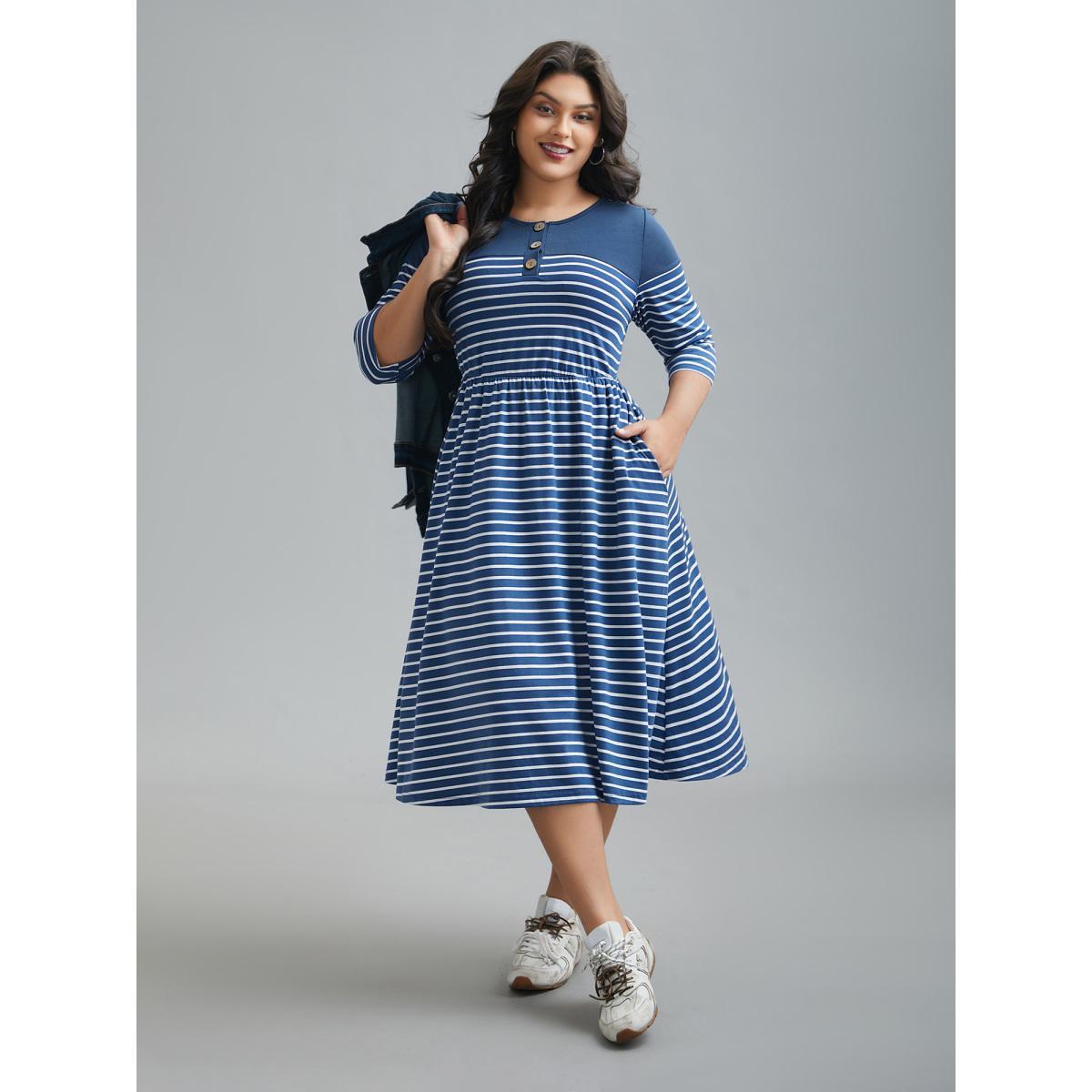 Plus Size Colorblock Striped Waist-Cinched Midi Dress DarkBlue Women Casual Patchwork Knit Dresses Bloomchic 18-20/2X Product Image