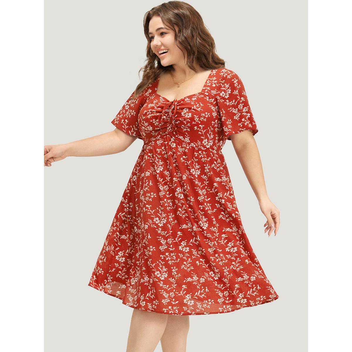 Plus Size Floral Print Square Neck Ruched Ruffles Drawstring Dress Red Women Elegant Drawstring Square Neck Short sleeve Curvy Midi Dress BloomChic 10/M Product Image