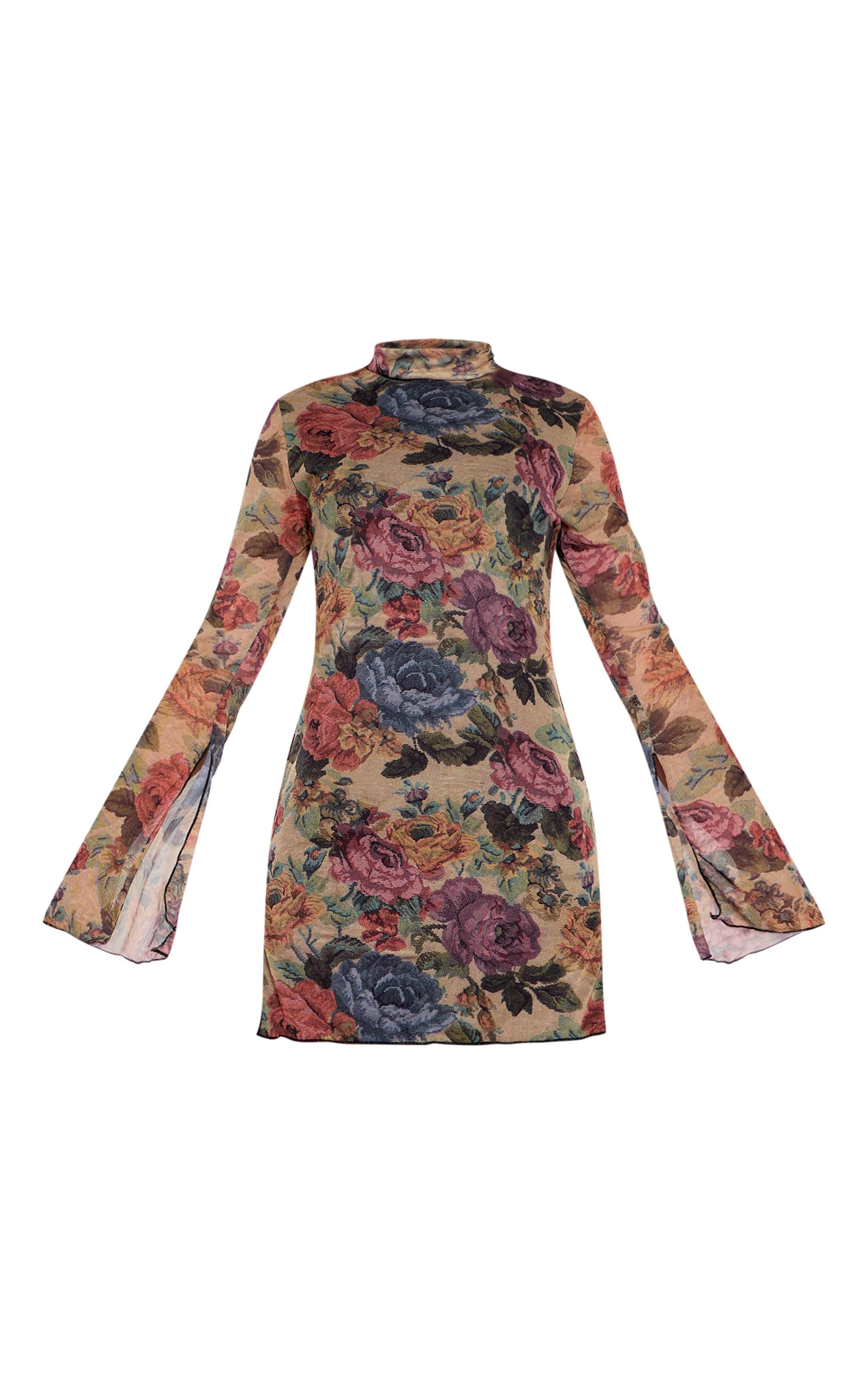  Brown Floral Print High Neck Flared Sleeve Shift Dress Product Image