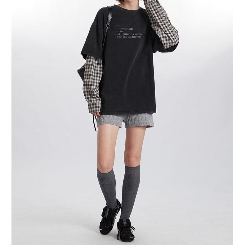 Mock Two Piece Long Sleeve Round Neck Plaid Panel Oversize T-Shirt Product Image