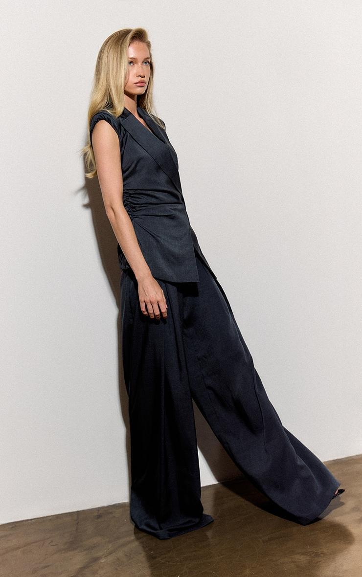 Navy Pleated High Rise Wide Leg Pants Product Image