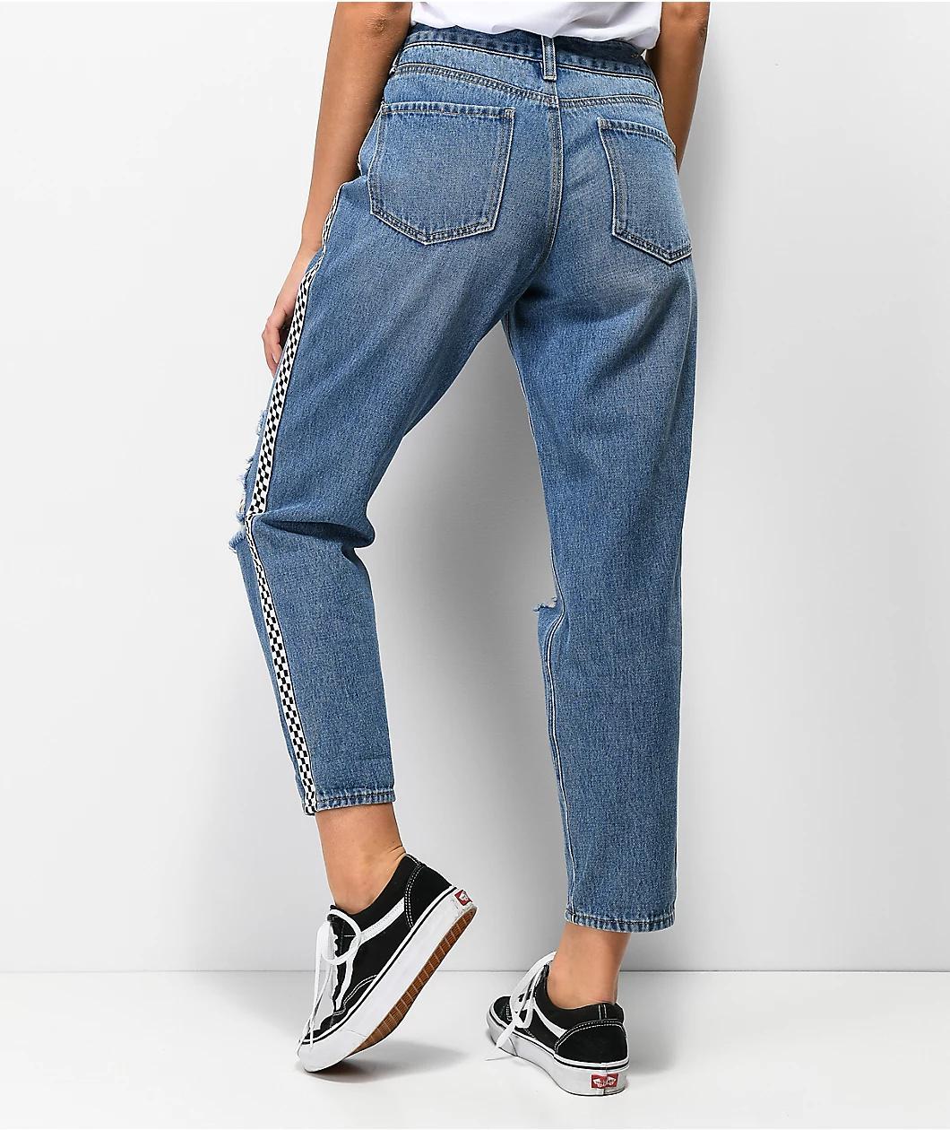 Empyre Eileen Checkered Striped Light Wash Mom Jeans Product Image