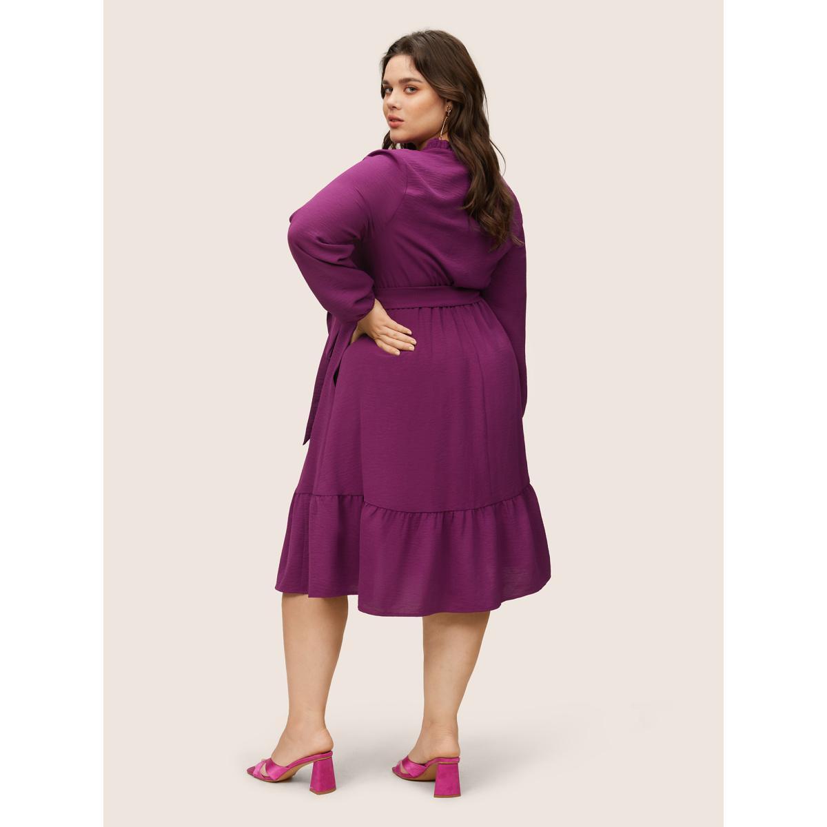 Plus Size Solid Lace Panel Cut Out Belted Gathered Dress Purple Women Elegant Non Notched collar Long Sleeve Curvy Knee Dress BloomChic 18-20/2X Product Image