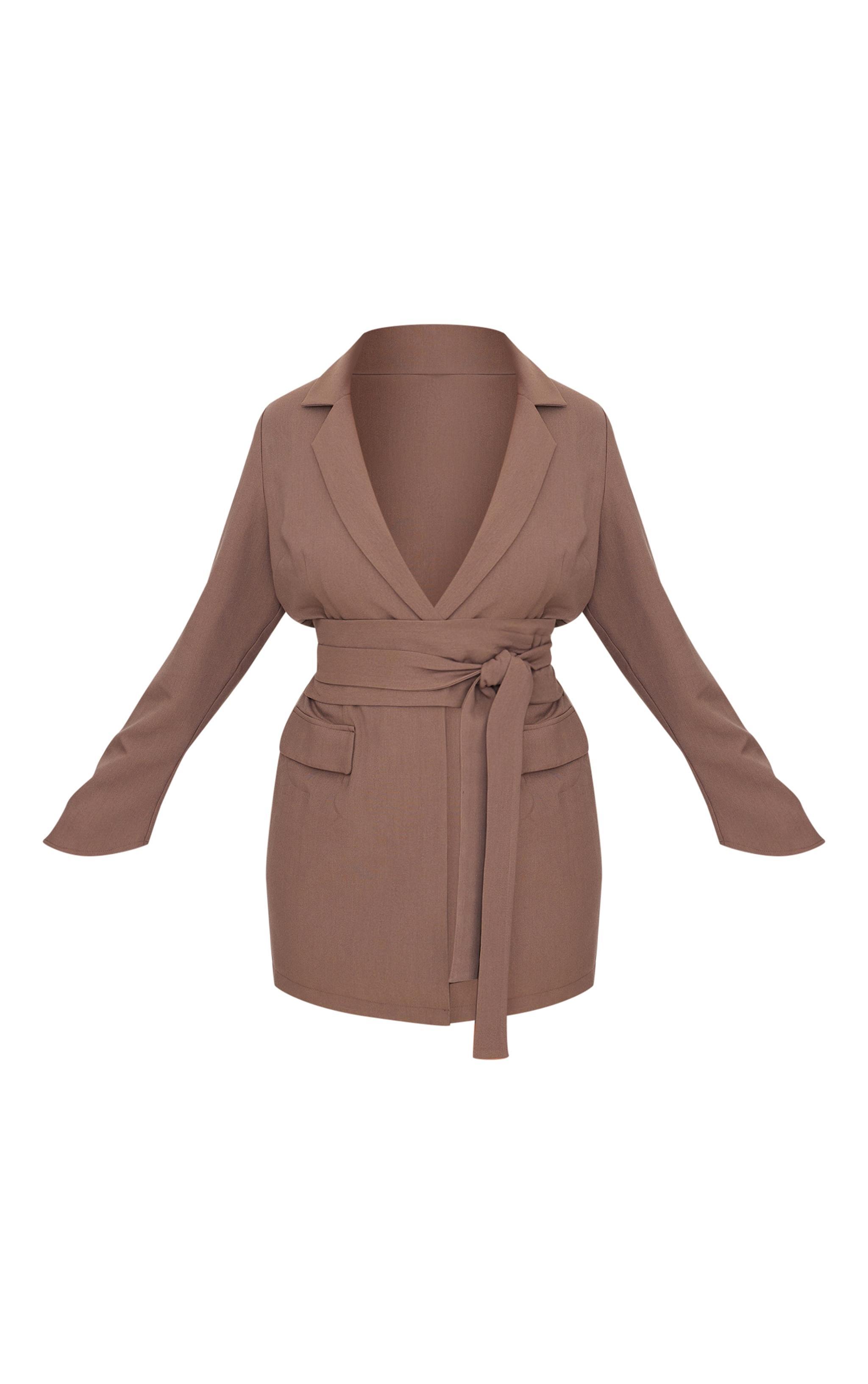 Plus Chocolate Woven Belted Blazer Dress Product Image