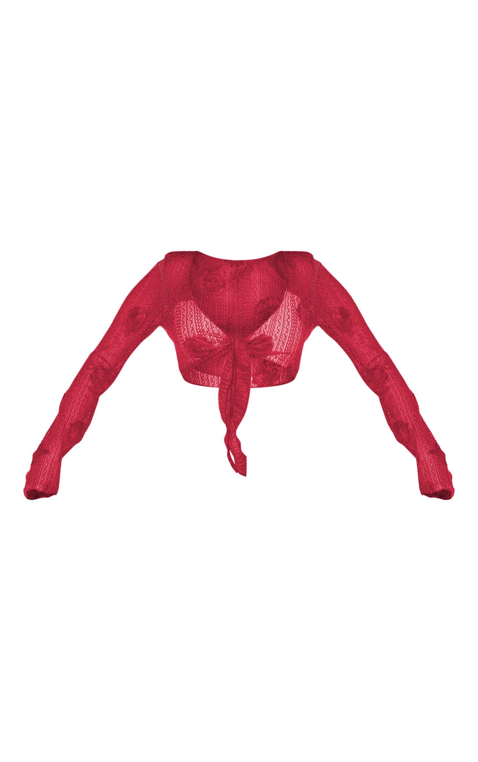 Red Textured Flower Trim Tie Front Beach Top Product Image