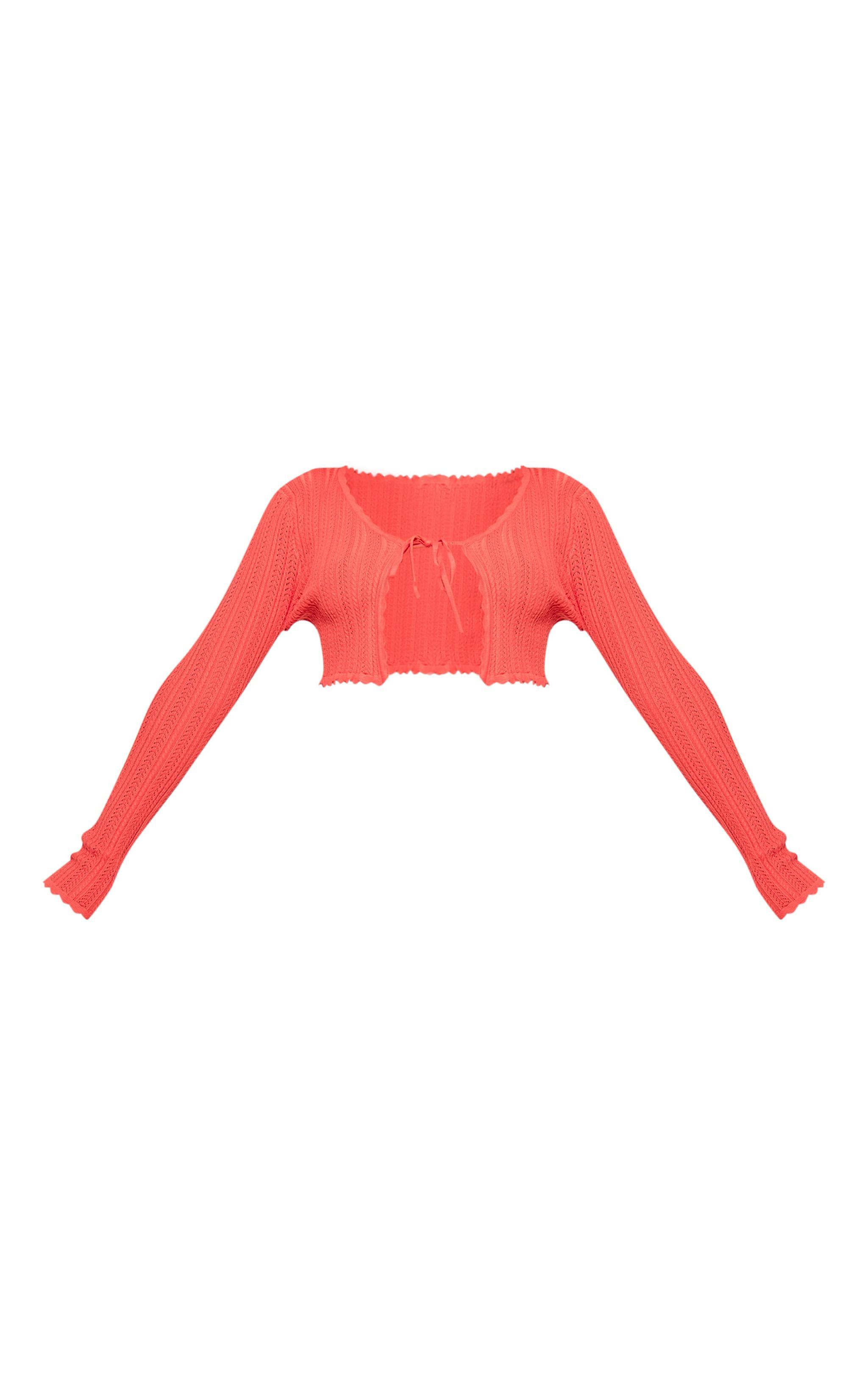 Coral Textured Crochet Knit Tie Front Top Product Image