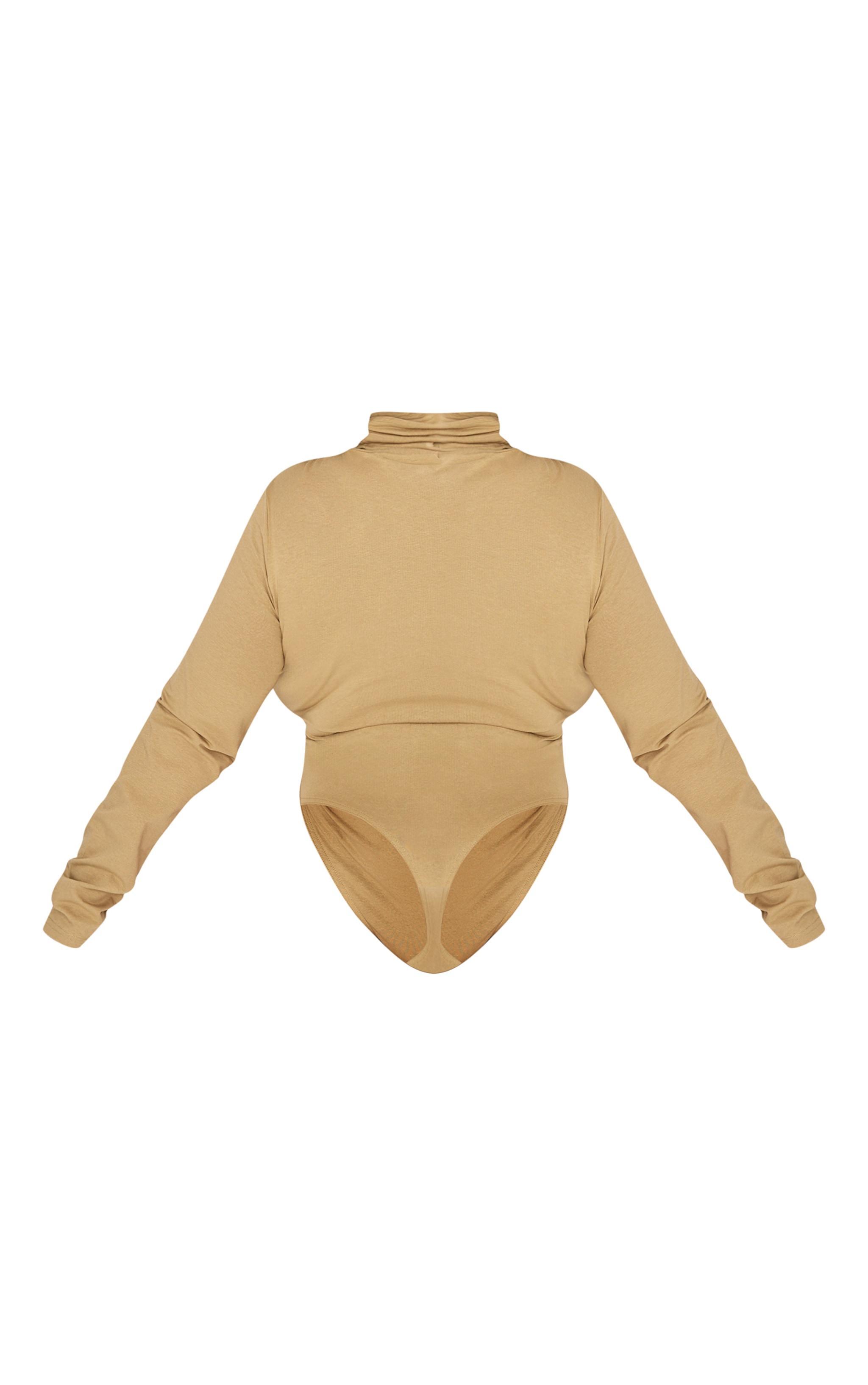 Plus Khaki Cotton High Neck Long Sleeved Bodysuit Product Image