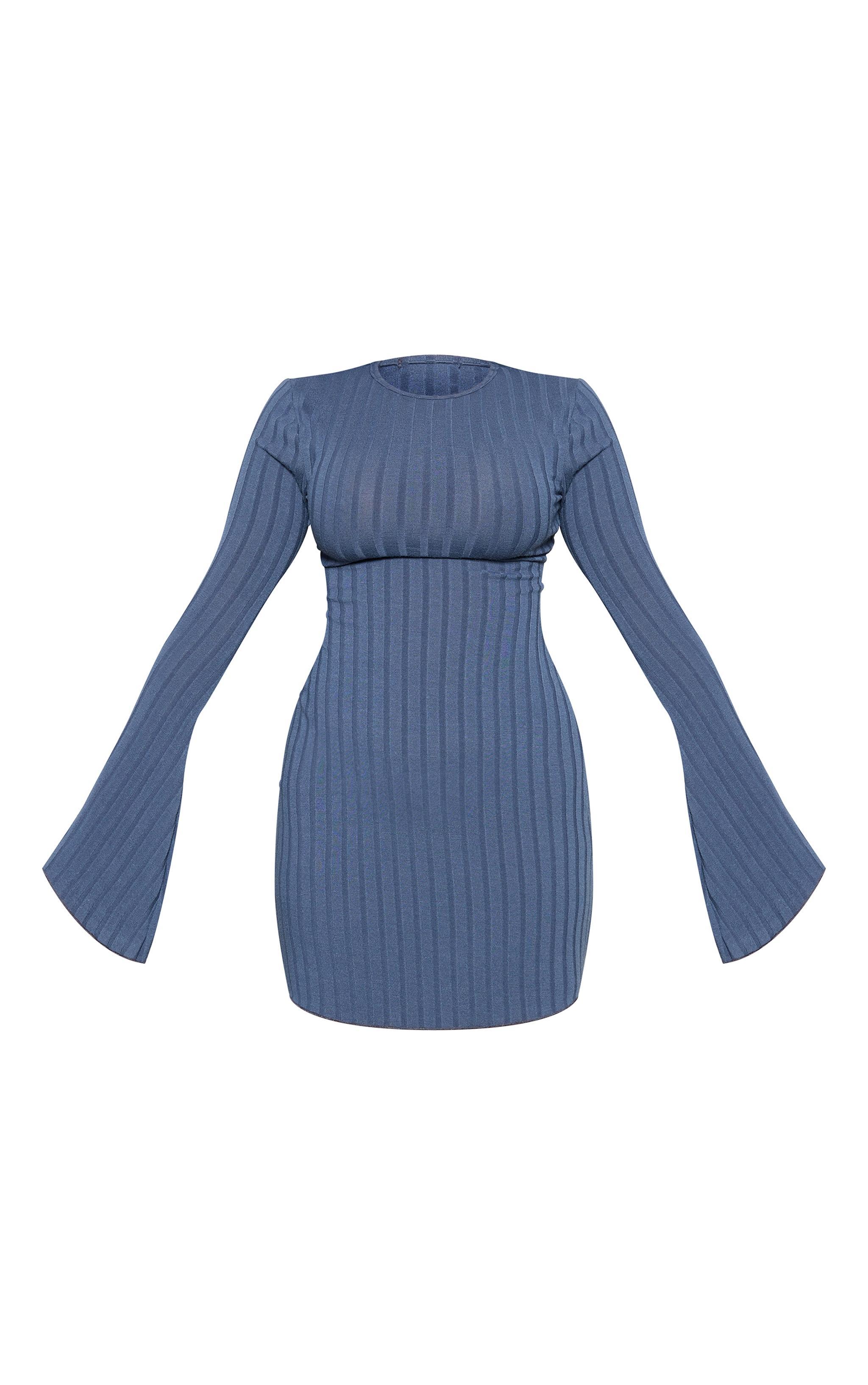 Dark Blue Wide Rib Flare Lettuce Hem Sleeve Bodycon Dress Product Image