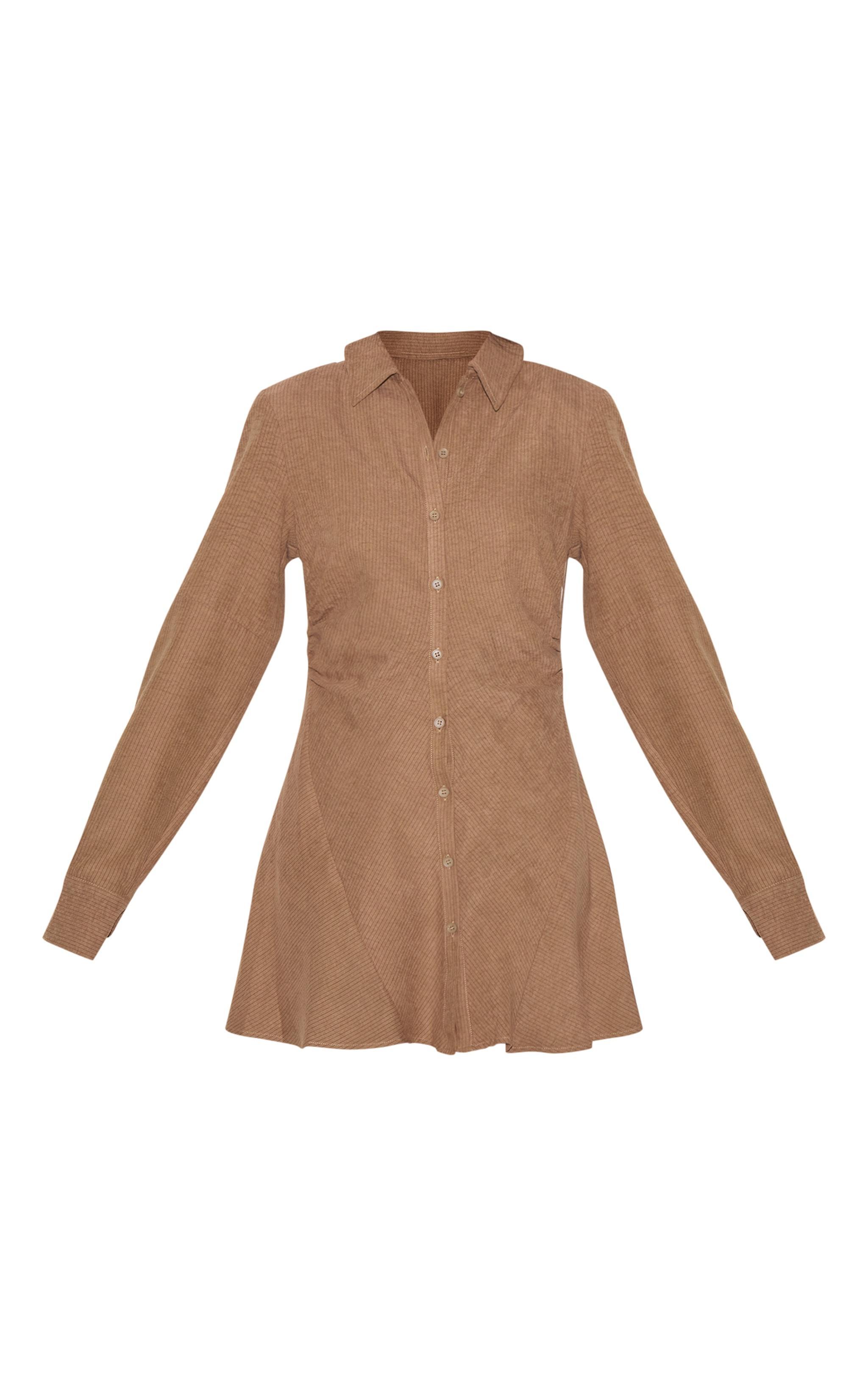 Mushroom Structured Ruched Detail Long Sleeve Shirt Dress Product Image