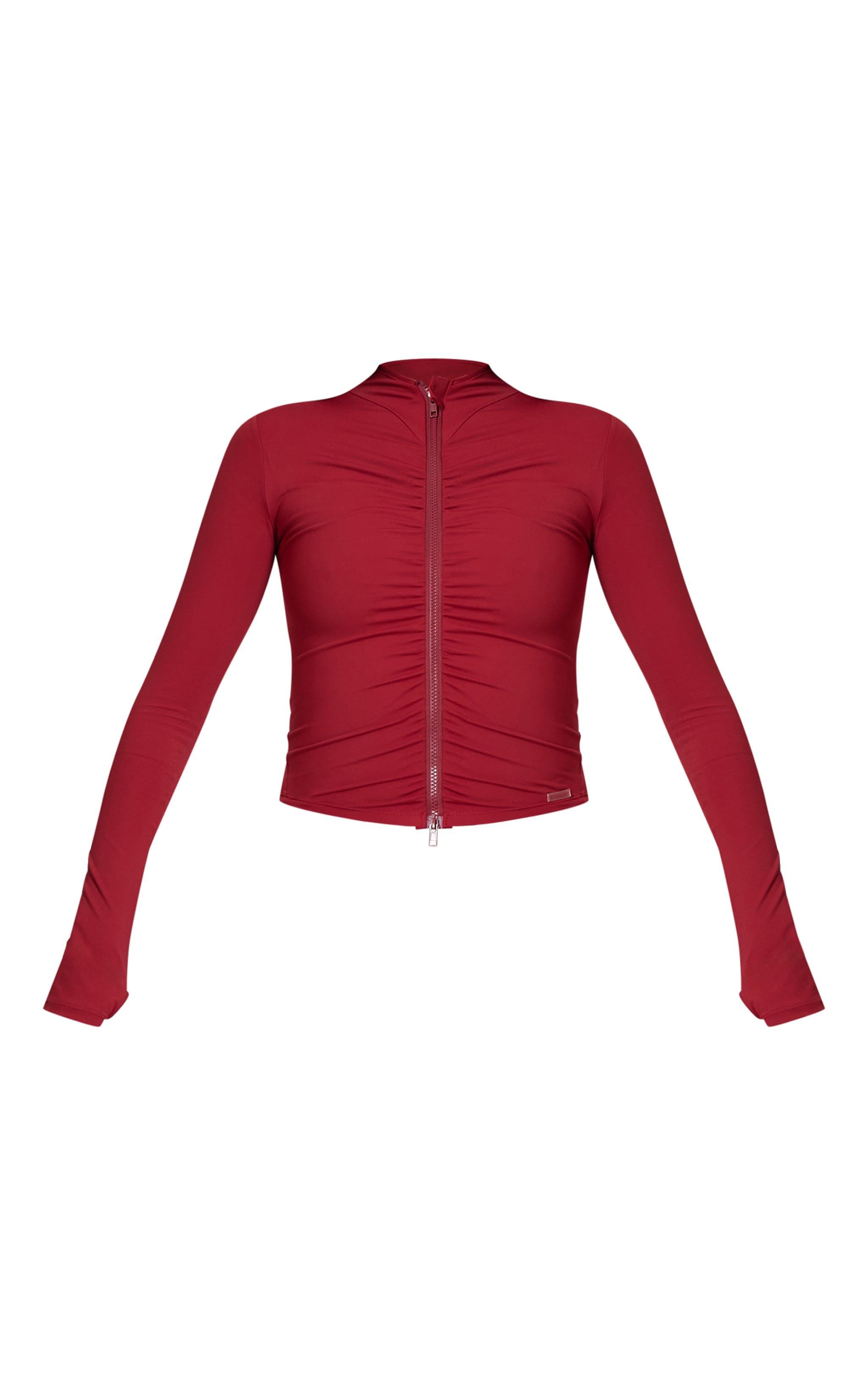 Burgundy Brushed Sculpt Ruched Front Zip Up Sport Jacket Product Image