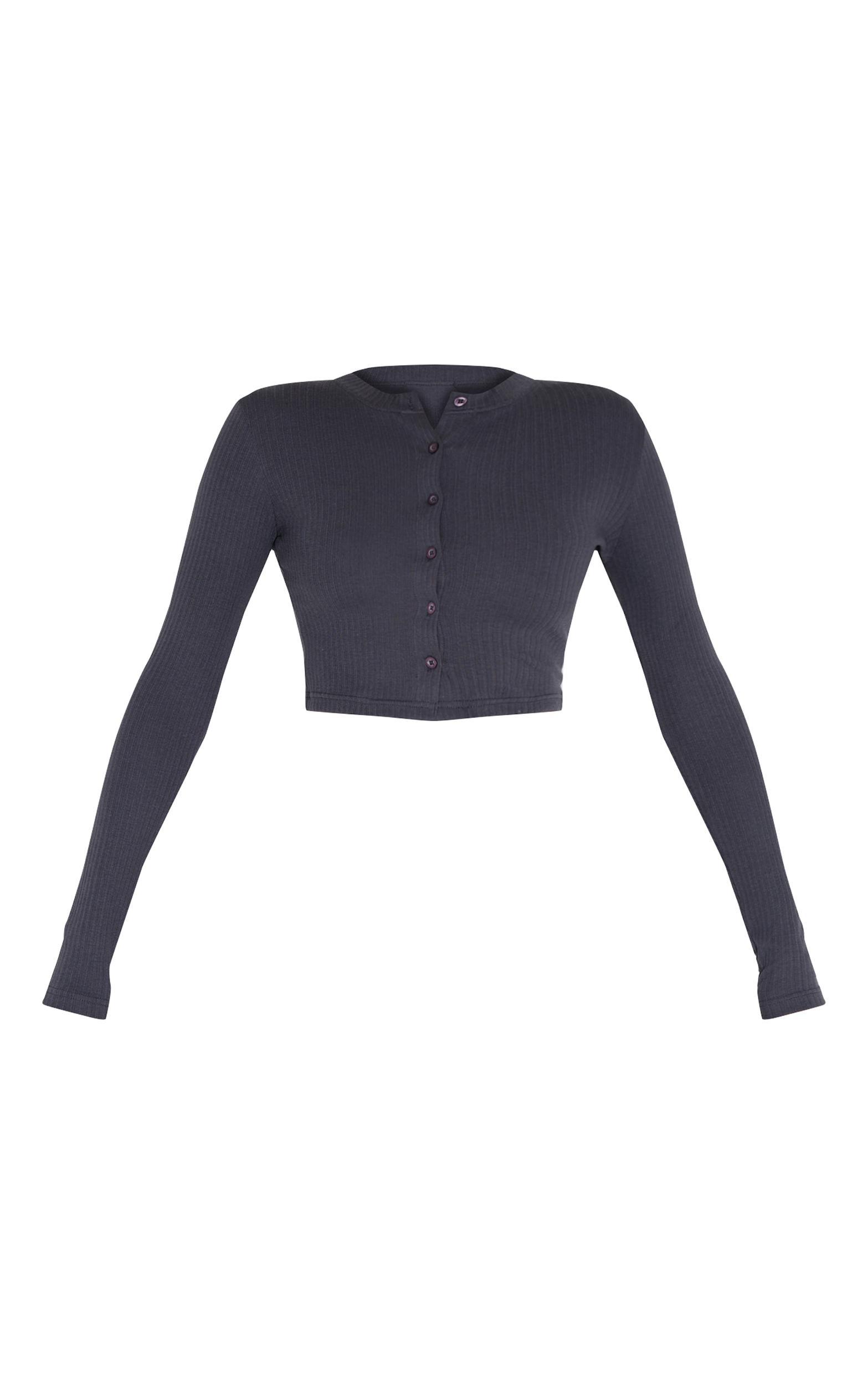 Charcoal Ribbed Button Down Detail Long Sleeve Top Product Image