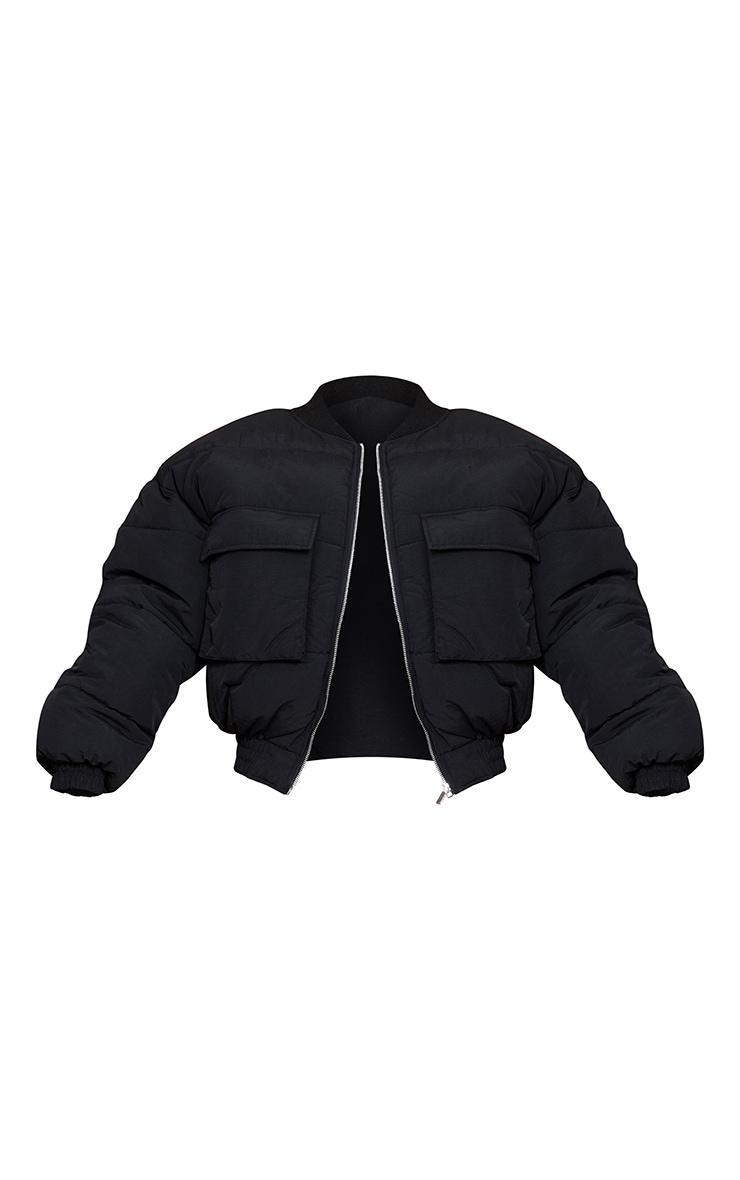 Black Nylon Pocket Front Panel Sleeve Oversized Bomber Jacket Product Image