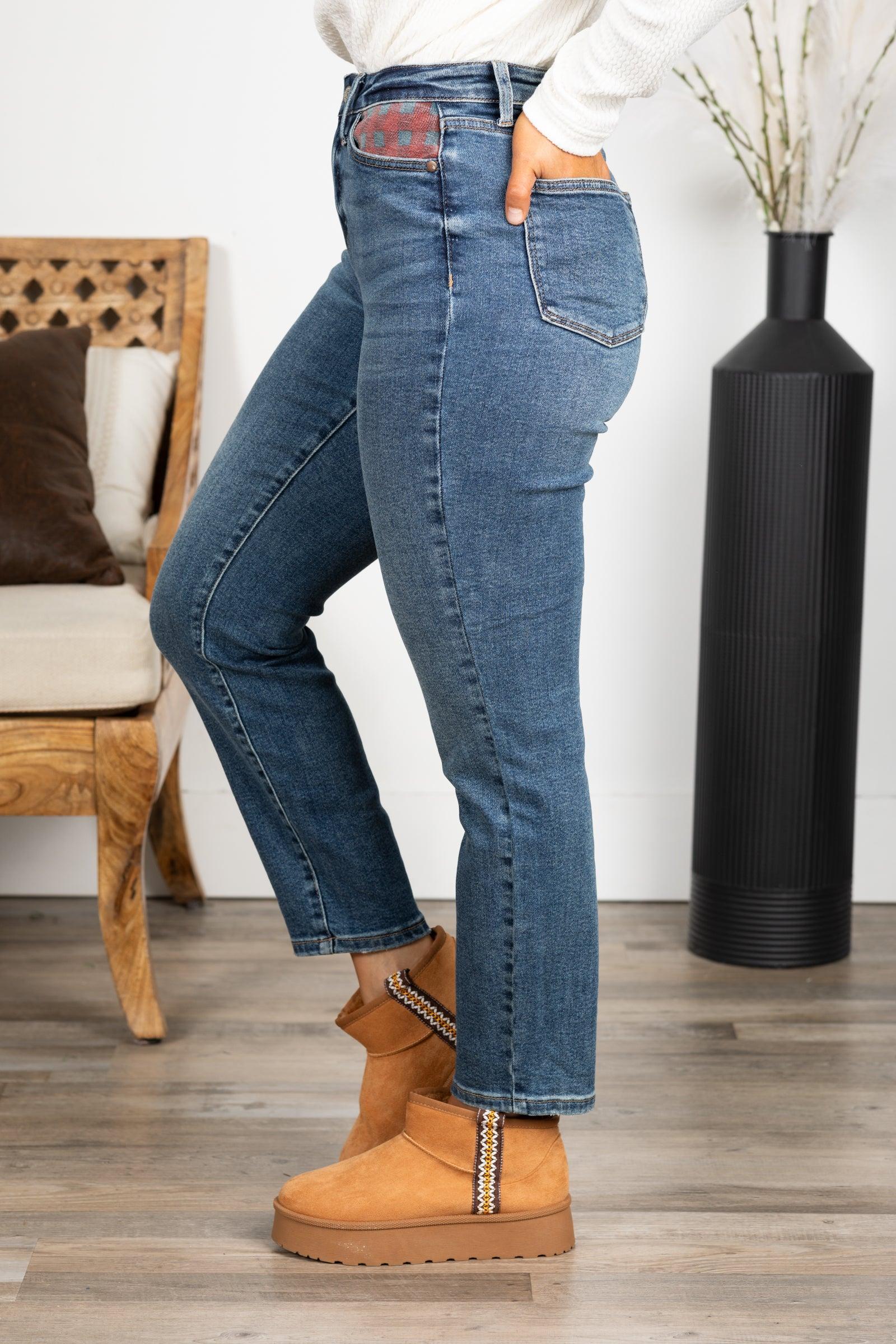 Judy Blue Medium Wash Plaid Patch Slim Jeans Product Image