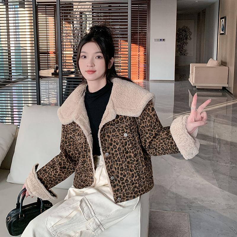 Collared Fleece Lined Leopard Button Jacket Product Image