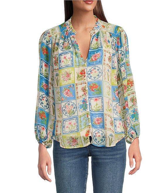 Figueroa & Flower Woven Patchwork Print Ruffled Split V-Neck Long Sleeve Button Front Blouse Product Image