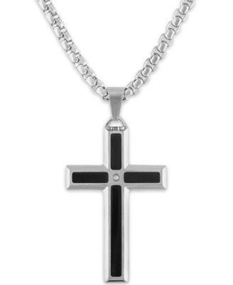 Mens Diamond Accent Black Enamel Cross 24 Pendant in Stainless Steel - Black Product Image